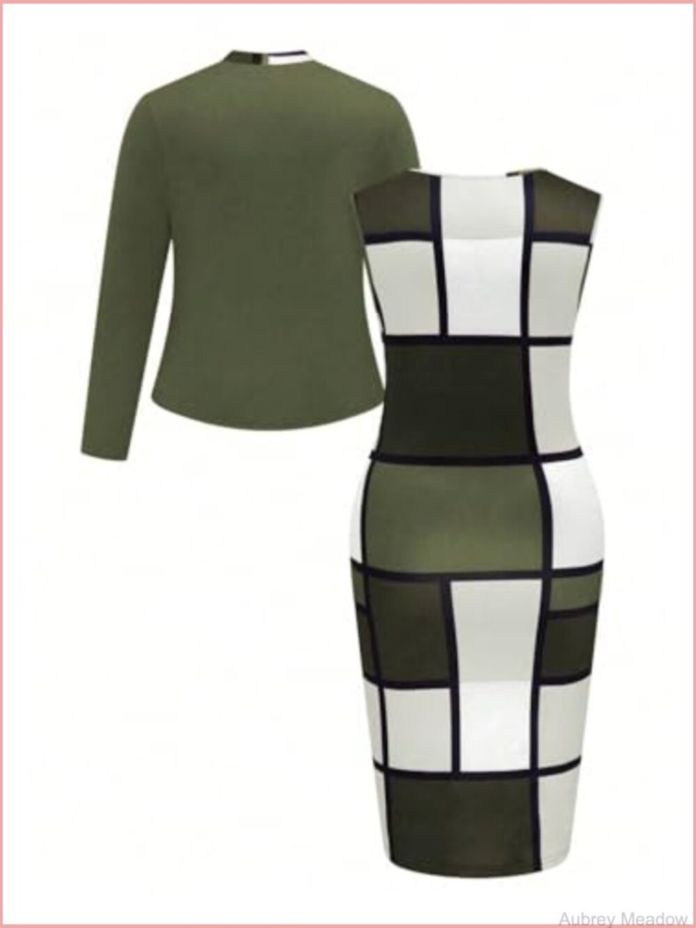 Plus Size Business Casual 2 Piece Set Plaid Bodycon Dress with Cardigan - Picture 2 of 5